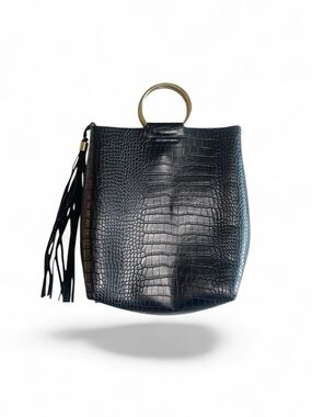 Street Level Black Crocodile Embossed Ring Handle Bag with Tassel